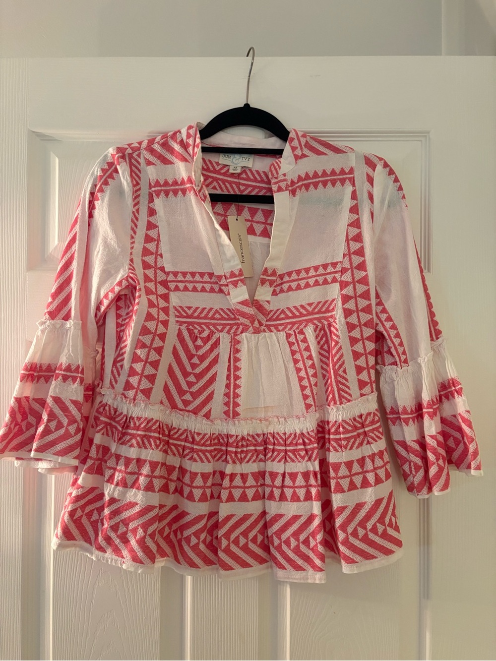 Boho Embroidered Pink & White Tunic Top